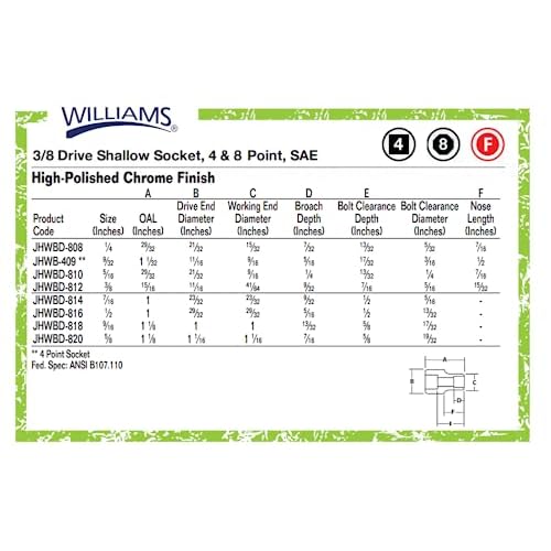 Williams JHWBD-816 SuperTorque 3/8-Inch Drive Shallow 8 Point 1/2-Inch Socket with Lobular Openings, Chrome Finish