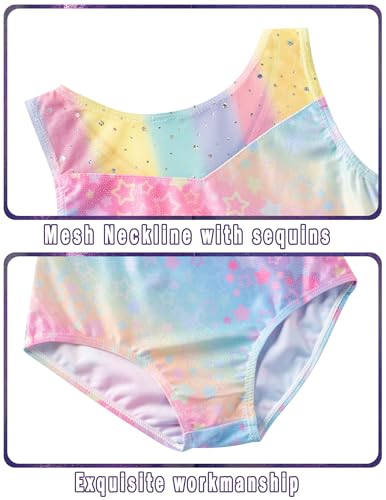 Sparkly Gymnastics Leotard for Girls - Rainbow Stars, 9-10 Years