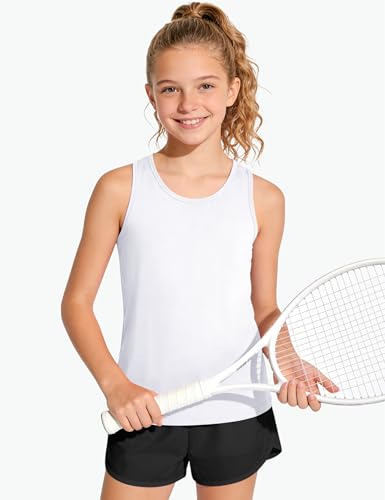 Girls Tank Tops - UPF 50+ Quick Dry Athletic Racerback - 7-8 Years White