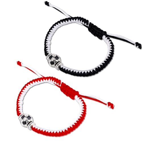 Adjustable Braided Football Bracelets - 2 Pack, Red & White, Black & White