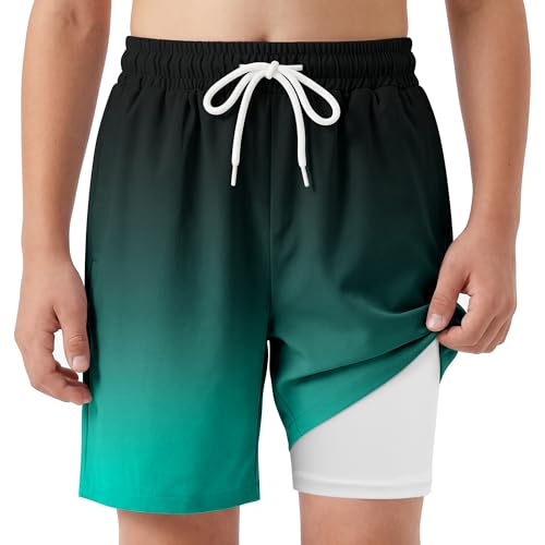 Boys Swim Trunks with Boxer Liner - Gradient Emerald, UPF 50+