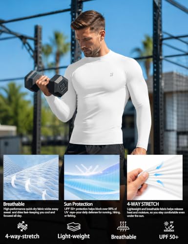 Roadbox Men's Mock Turtleneck Compression Shirt - Long Sleeve Base Layer, Medium, White