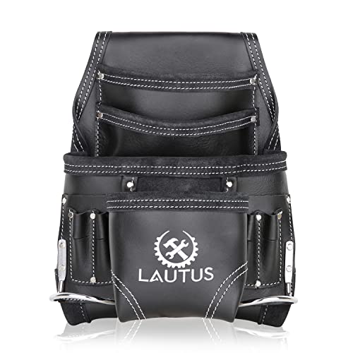 LAUTUS Oil Tanned Leather Tool Pouch Bag | Black | Carpenter, Construction, Framers, Handyman | 10 Pockets, 2 Hammer Holders | 100% Leather
