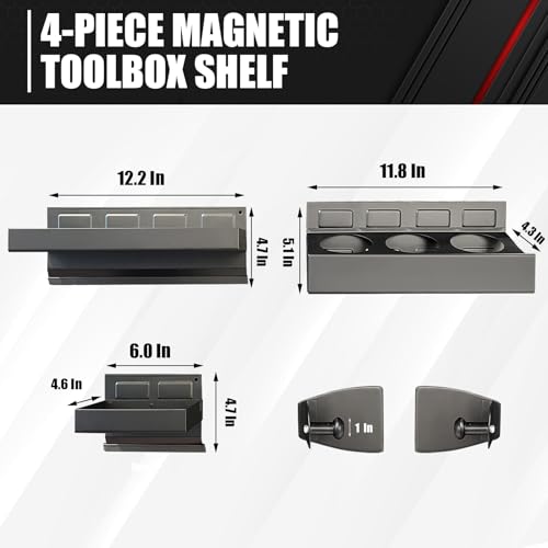 C&T 4-Piece Magnetic Toolbox Shelf, Tray and Holder Set, Magnetic Toolbox Tray Set, Tool Box for Cabinet Side Shelf Storage Van Workshop, Tool Organization and Storage
