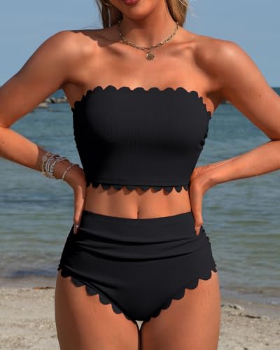 Charmo Women's Strapless High-Waisted Bikini Set with Tummy Control, Black, Large