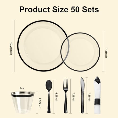 Black Disposable Plastic Plate Set for 50 Guests - 350 Pieces