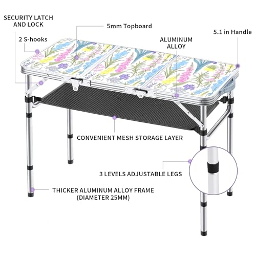 Yriuat 3ft Folding Camping Table with Floral Design, Adjustable Height Portable Picnic Table