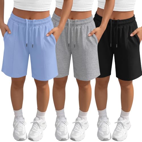 Bermuda Shorts for Girls - 3 Pack, 13-14 Years - Sky Blue, Light Mixed Gray, Black