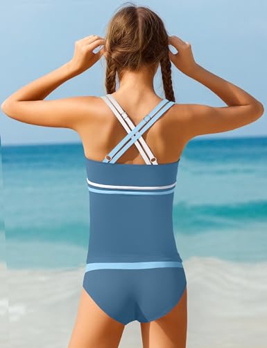 Girl's Ribbed Tankini Swimsuit - Blue & White, 11-12 Years