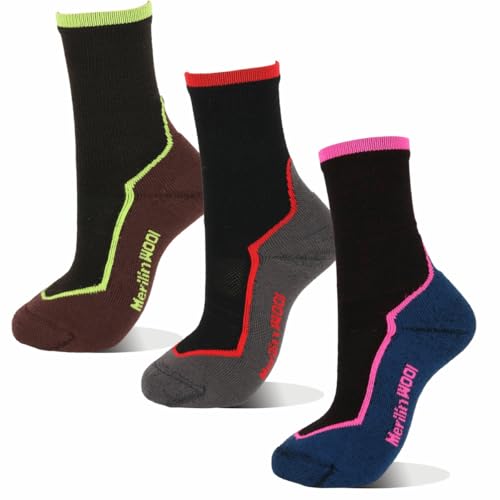 Merino Wool Crew Socks for Men & Women - 3 Pairs Red+Green+Pink