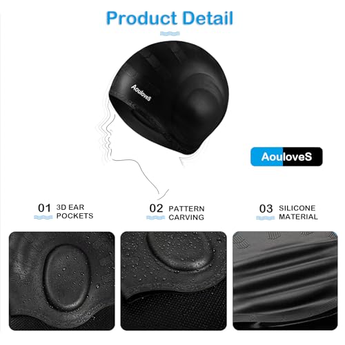 Unisex Swim Caps 2 Pack with 3D Ear Protection - Black