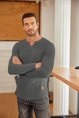 Men's Long Sleeve V-Neck Slim Fit Ribbed T-Shirt - Dark Grey, XX-Large