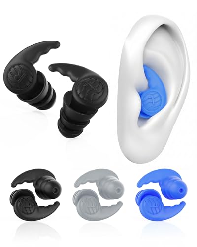 Swimming Earplugs - Waterproof Silicone Ear Protection - 3 Pairs, Black, Gray, Blue