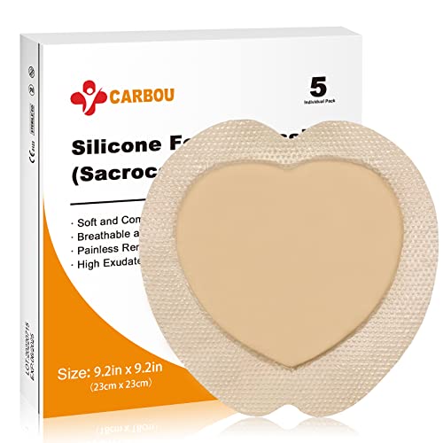 Carbou 9x9 Inch Silicone Sacrum Foam Dressing Pack of 5 for Wound Care