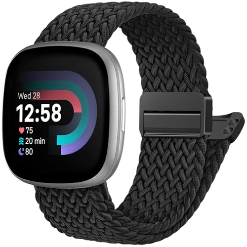 Braided Stretchy Magnetic Band for Fitbit Versa 4 - Black, 5.51-8.66" Wrist