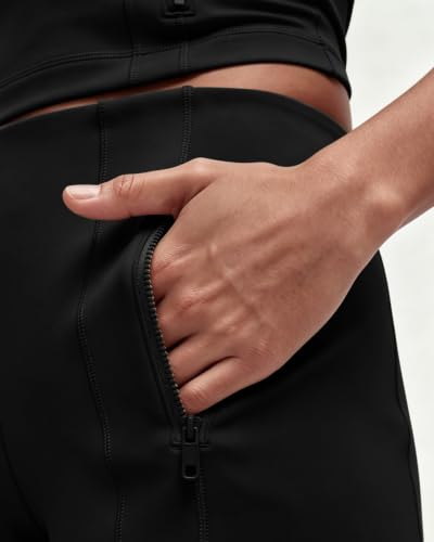 QINSEN Women's High-Waisted Wide Leg Yoga Pants with Zipper Pockets - Long 31.5", Black, Medium
