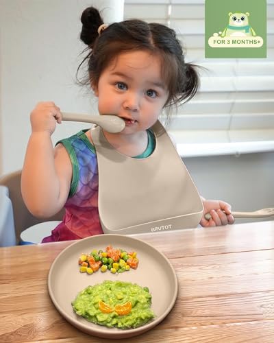 Baby Silicone Suction Plates 3-Pack 7.1 inch, Qyeejong Toddler Dishes – Cappuccino, Moonlit Ocean, Sage Green