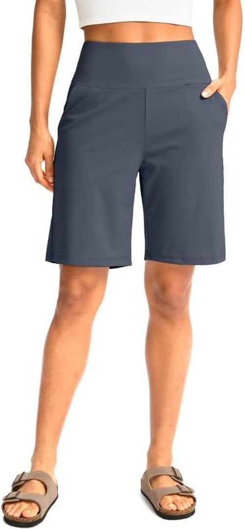 G Gradual Women's Bermuda Long Shorts - High Waisted Knee Length with Pockets for Athletic Workouts