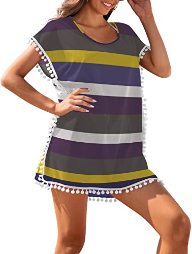 Chiffon Tassel Swimsuit Cover Up - Yellow Purple Striped 1X-2X