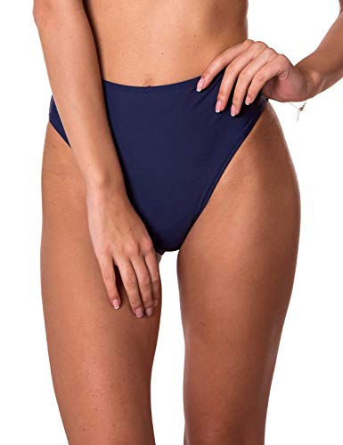 RELLECIGA Women's High Waisted Tummy Control Bikini Bottoms Navy Blue Medium