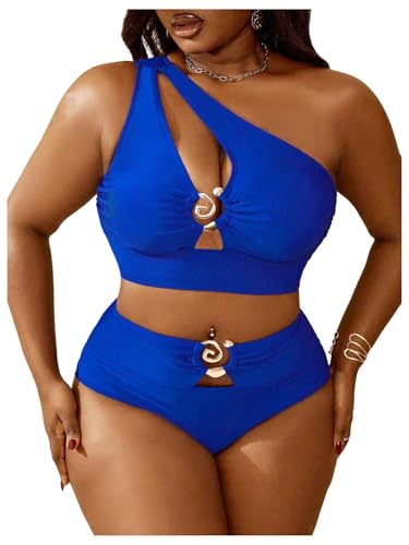 SOLY HUX Women's Plus Size One Shoulder Ring Bikini Set XL Royal Blue