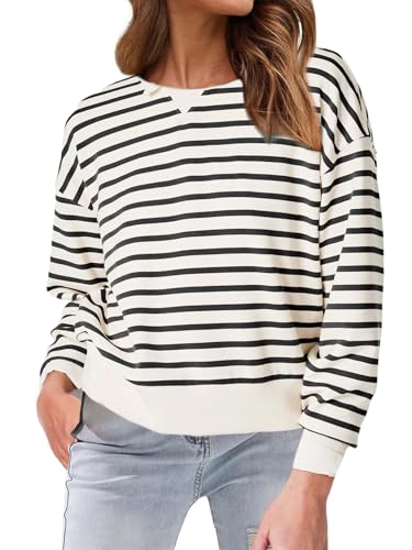 Glamaker Women's Black Stripe Cropped Crewneck Sweatshirt - Casual Long Sleeve Top