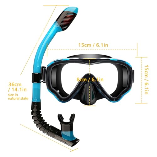 Snorkeling Set for Kids & Adults - Full Dry Mask Gear - Blue+Black