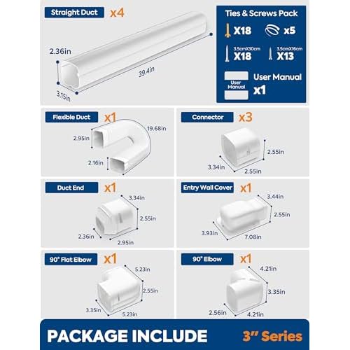 3" 15.5Ft Mini Split Line Set Cover with Flexible Duct, Upgrade PP Decorative Paintable Lineset Cover Kit, 39.37" per Straight Duct, for Minisplit, Air Conditioner, Central AC, HVAC