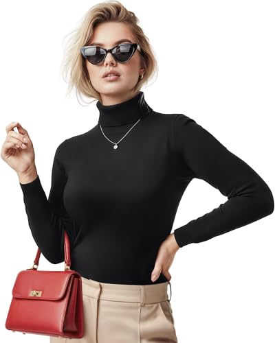Slim Fit Turtleneck Top for Women - Soft Cotton Blend - Medium Black