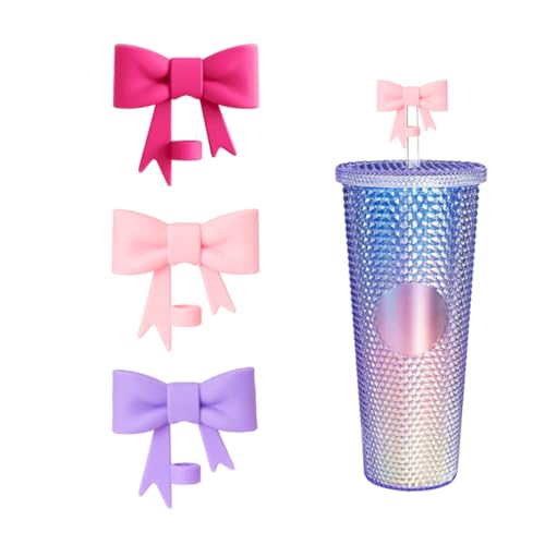 Bow Straw Covers - Silicone Topper for Starbucks Cup, 3PCS (Rose Pink, Pink, Purple)