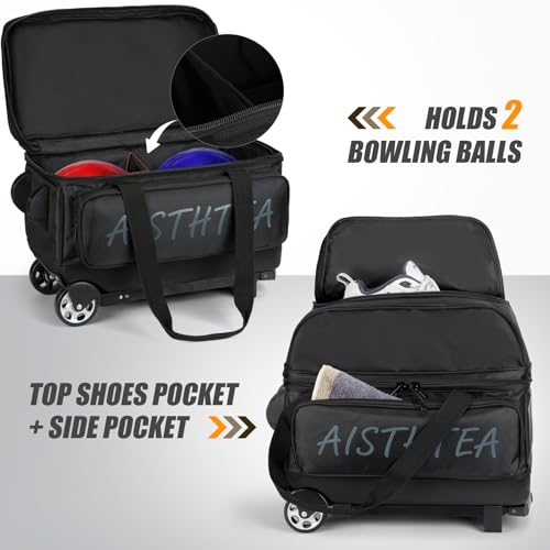 Aisthtea Black 2 Ball Bowling Bag with Wheels, Lightweight Roller