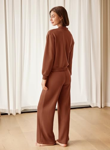 Yanekop 2-Piece Womens Sweatsuit Set - Coffee Large Fall Airport Travel Outfit