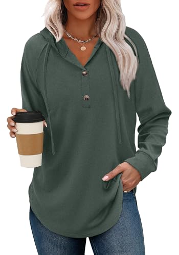 Women's V Neck Button Sweatshirt - Casual Fall Hoodie