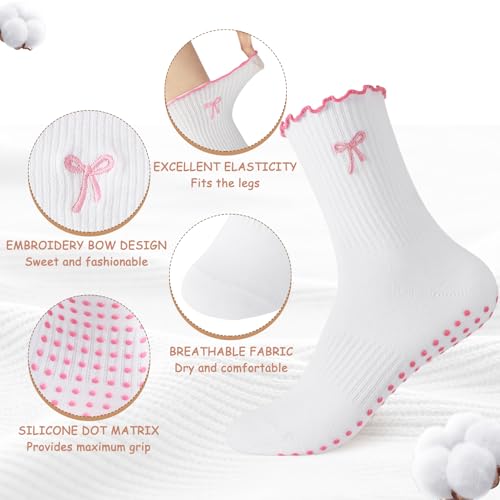Non-Slip Pilates Grip Socks for Women - Ruffle Ballet Style - Pink (3 Pairs)