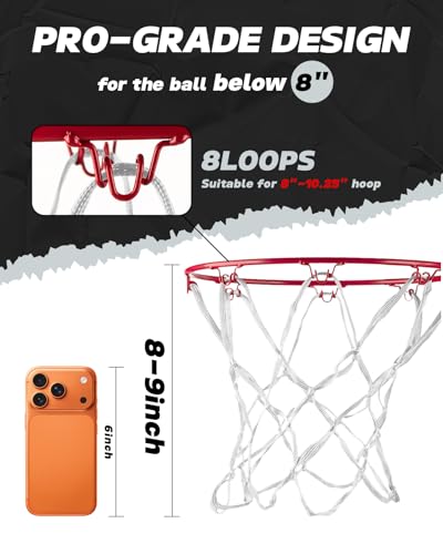 Heavy-Duty Mini Basketball Net Replacement - 12" Nylon, White, 8 Loops