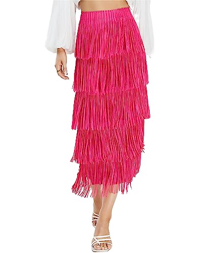 Women's High Waist Fringe Trim Short Skirt XX-Large Rose Red for Summer Party & Work