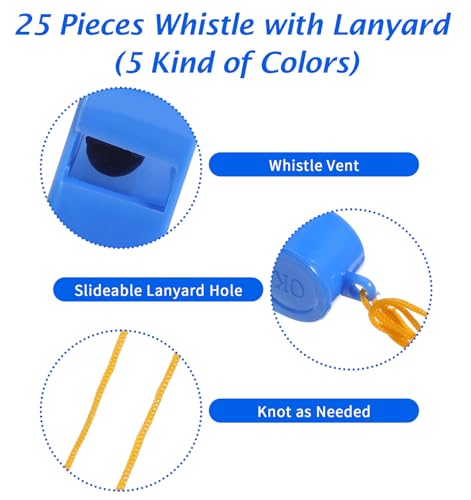 25-Pack Loud Coach Whistles with Lanyards - Multi-Color
