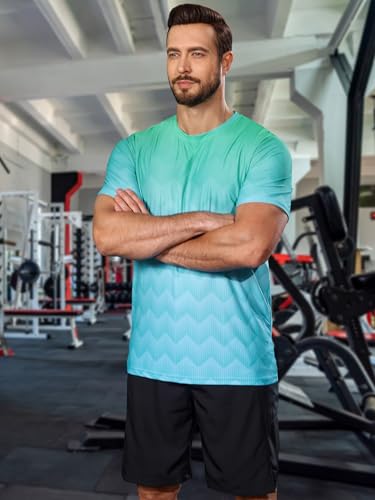 Men's Athletic T-Shirt - Short Sleeve Running Top - Large Aqua Wave