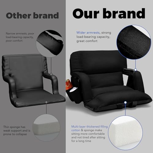 Extra Wide Stadium Seats with Back Support - 25 Inch Black, 2 Pack