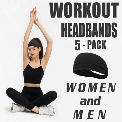 Moisture Wicking Headbands for Women - 5 Pack Black + Black