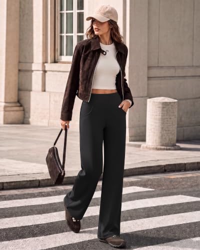 Promover Wide Leg Yoga Pants for Women with Pockets, Stretch, Regular-Height (5'4.5"-5'7") - Black