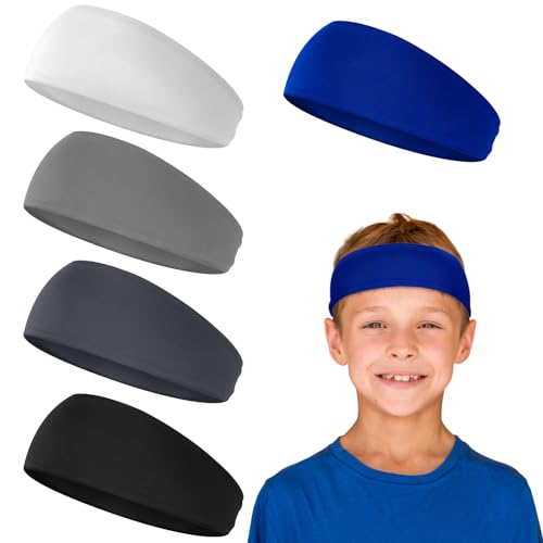 Sports Headbands for Kids - Moisture Wicking Sweatbands, 5 Pcs - Black, White, Gray & Blue