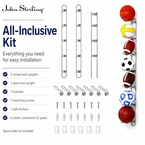 Wall Mounted Ball Rack for 7 Sports Balls - Alloy Steel, Silver