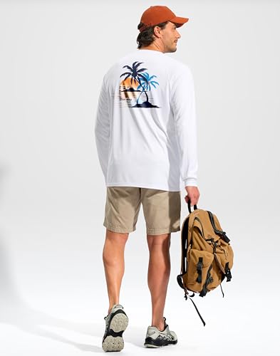 Pudolla Men's UPF Sun Protection Long Sleeve Rash Guard Shirt - White, Coconut Tree, Large