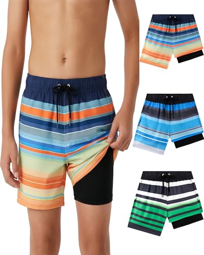 Todbiccz Boys 3-Pack Swim Trunks with Compression Liner - Stripe Navy/Orange/Black Aqua/Green, Size 14-16