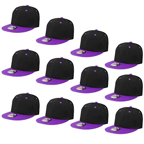 12 Pack Black & Purple Snapback Hats - Hip Hop Style Flat Bill Caps, Adjustable Fit