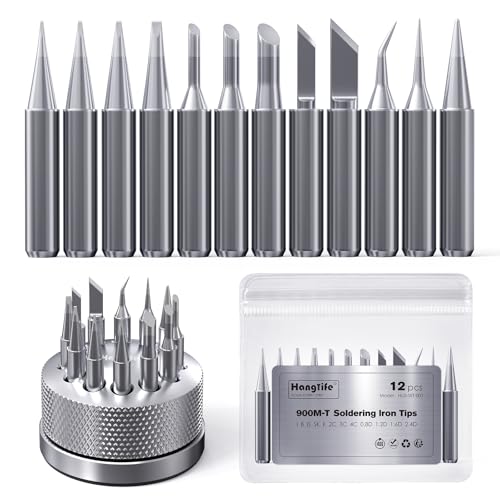 HANGLIFE 900M Soldering Iron Tips with Tip Holder for Hakko, Yihua, Atten, Quick, Ryobi, and More Soldering Stations/Guns - Replacement Solder Tips for Welding Equipment & Accessories (12 pcs)