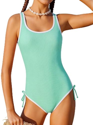 Girls Ribbed One-Piece Swimsuit - Adjustable Athletic Swimwear, Light Green