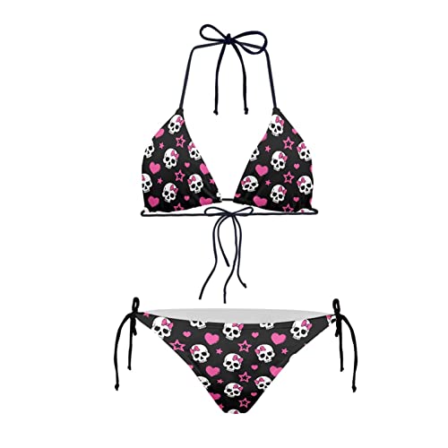 JEOCODY Women's High Waist Halter Bikini Set Small Pink Heart Skull Print Two-Piece Swimsuit