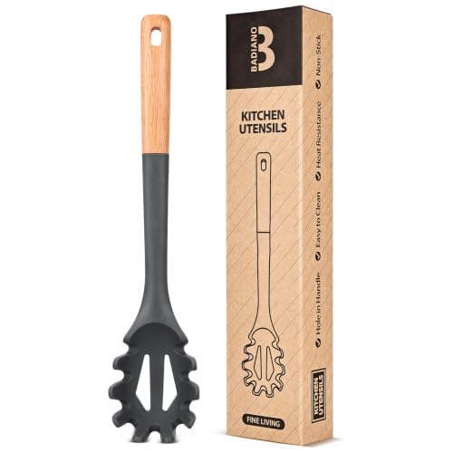 Badiano Grey Silicone Pasta Fork 12.8in Non-Stick Noodle Spoon Kitchen Utensil